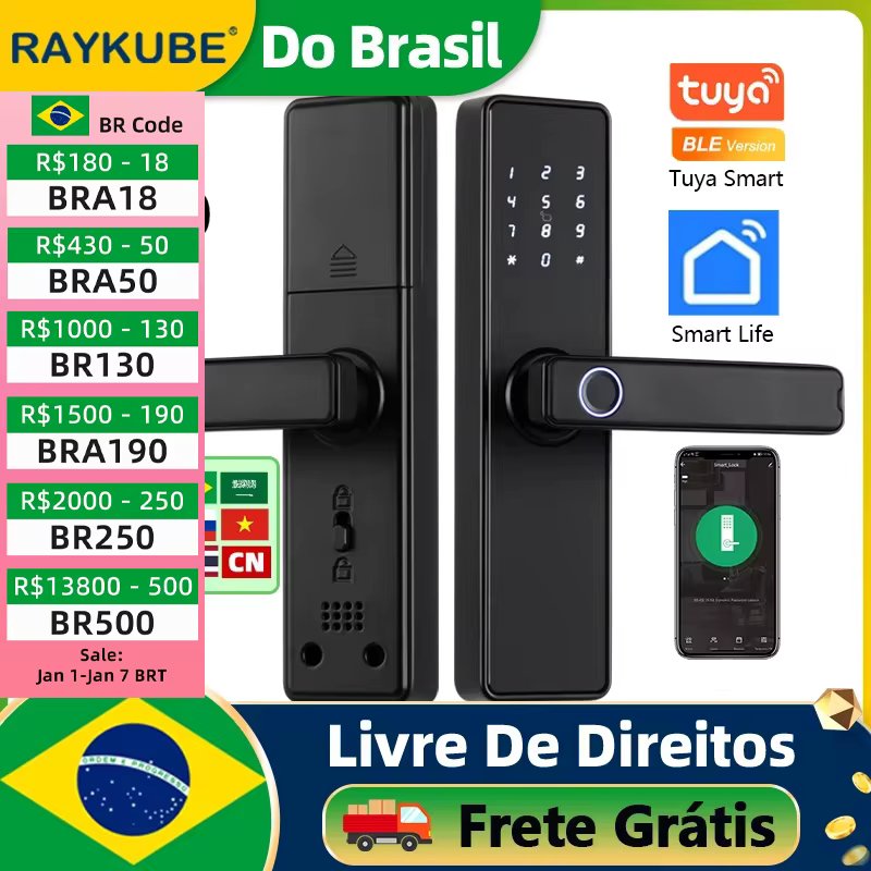 Do Brasil RAYKUBE K20 Tuya Bluetooth 9-language Fingerprint Door Lock Electronic Door Lock with Tuya APP/Card/Code/ Key Unlock