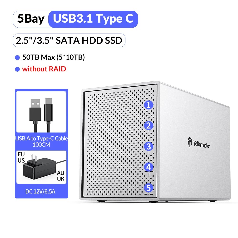 [PS500] Yottamaster Aluminum 5 Bay USB3.1 Type C External Hard Drive Enclosure for 2.5" 3.5" SATA HDD SSD Support 5*16TB Storage
