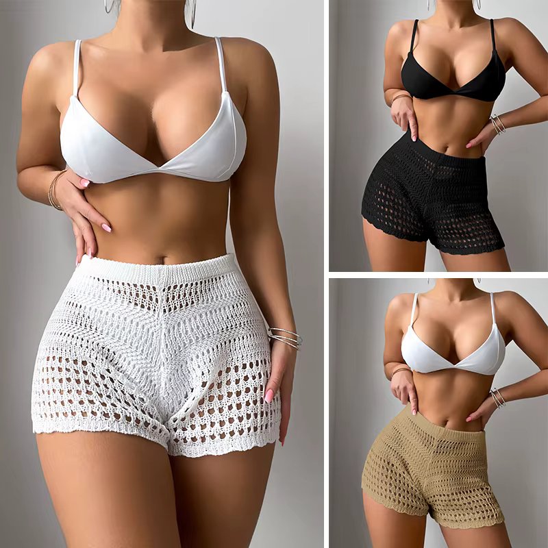 Summer Vacation Crochet Knit Solid Color Swimsuit Cover Up Shorts Breathable Hollow out Beach Bikini Cover-Ups Shorts