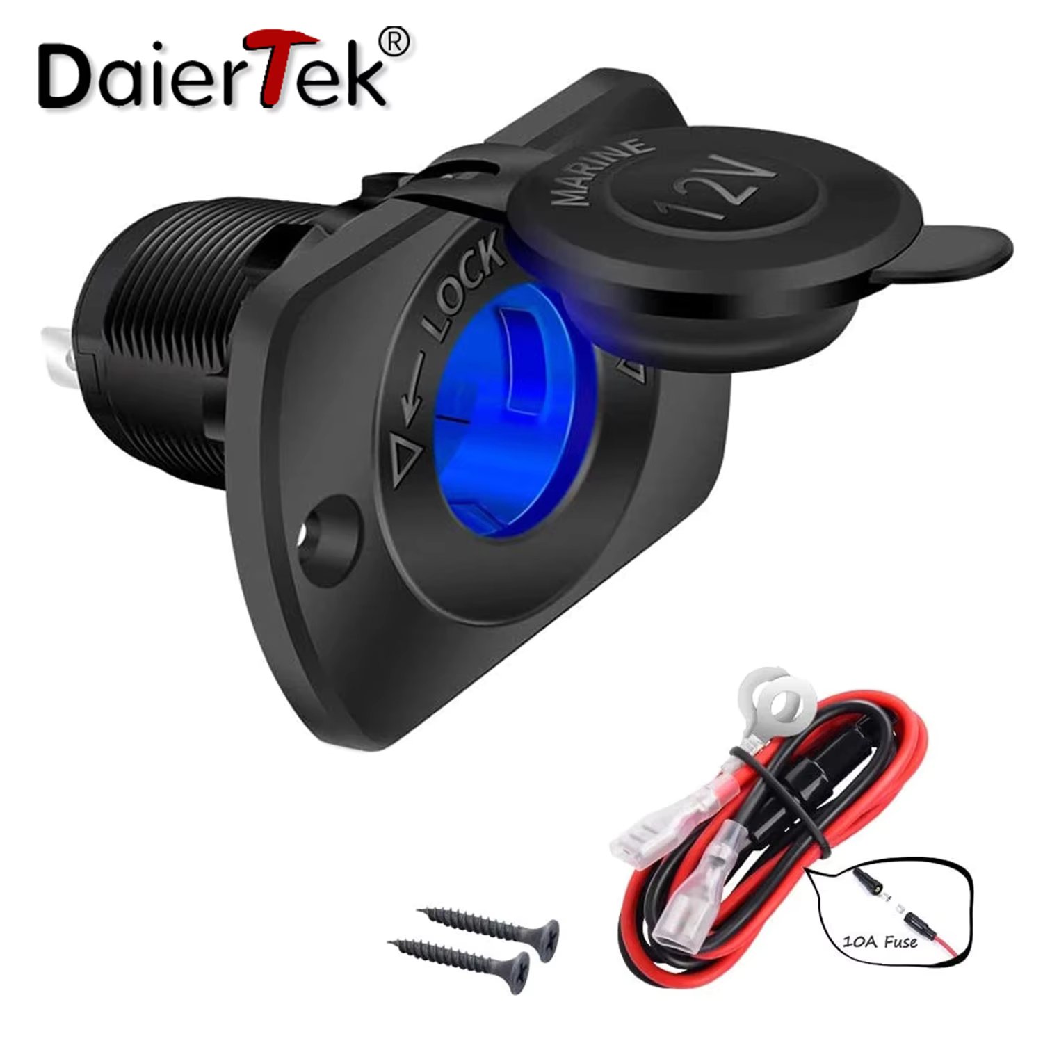 DaierTek 12V Car Cigarette Lighter Socket Femaile 12 Volt Power Outlet Replacement With Blue LED Waterproof for Boat Marine