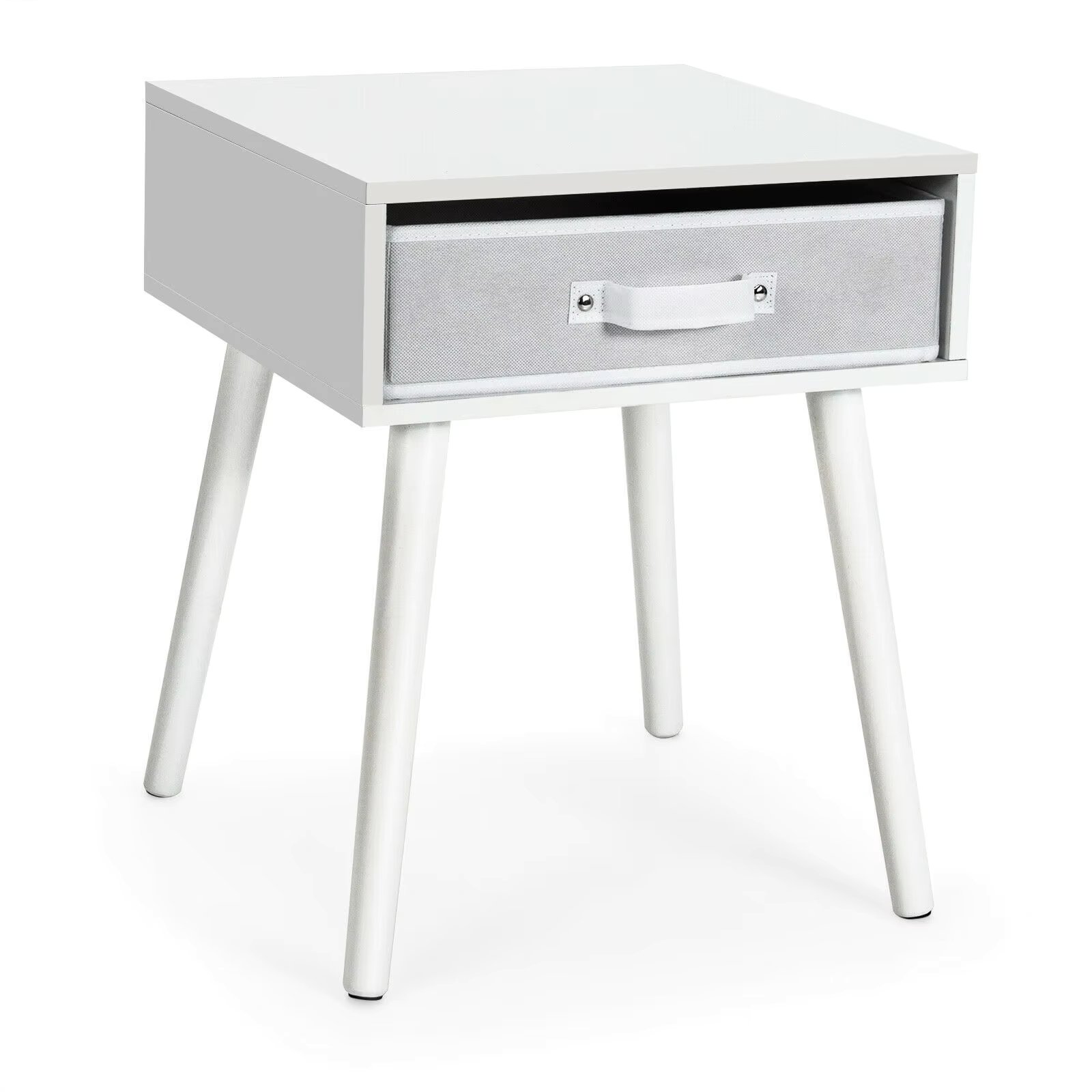 Mid-Century Nightstand End Accent Bedside Table W/ Fabric Drawer Rustic White