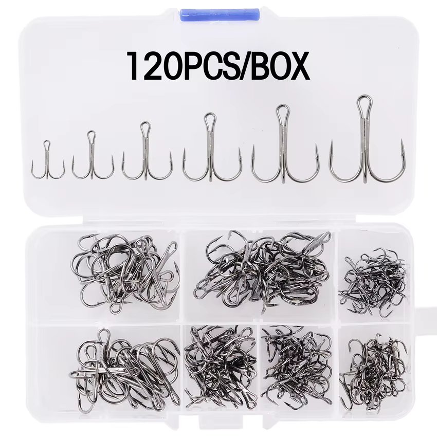 120/50pcs/Lot Treble Fishing Hook Set In Box High Carbon Steel Barbed Hooks Fishing Tackle Black/Silver/Red FishHook