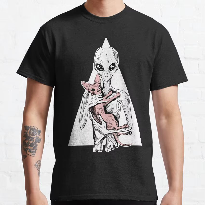 Vintage Alien With Sphynx Cat Round Collar Cotton T Shirt for men cats lover Short Sleeve Tees cosmos space area51  Gift Clothes