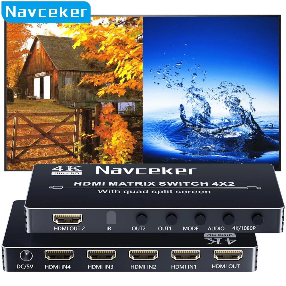 Navceker HDMI 4x2 Multi-viewer switcher 4K Seamless Quad Screen Multi Viewer Splitter 4 in 2 out HDMI Switch Adapter IR for PC