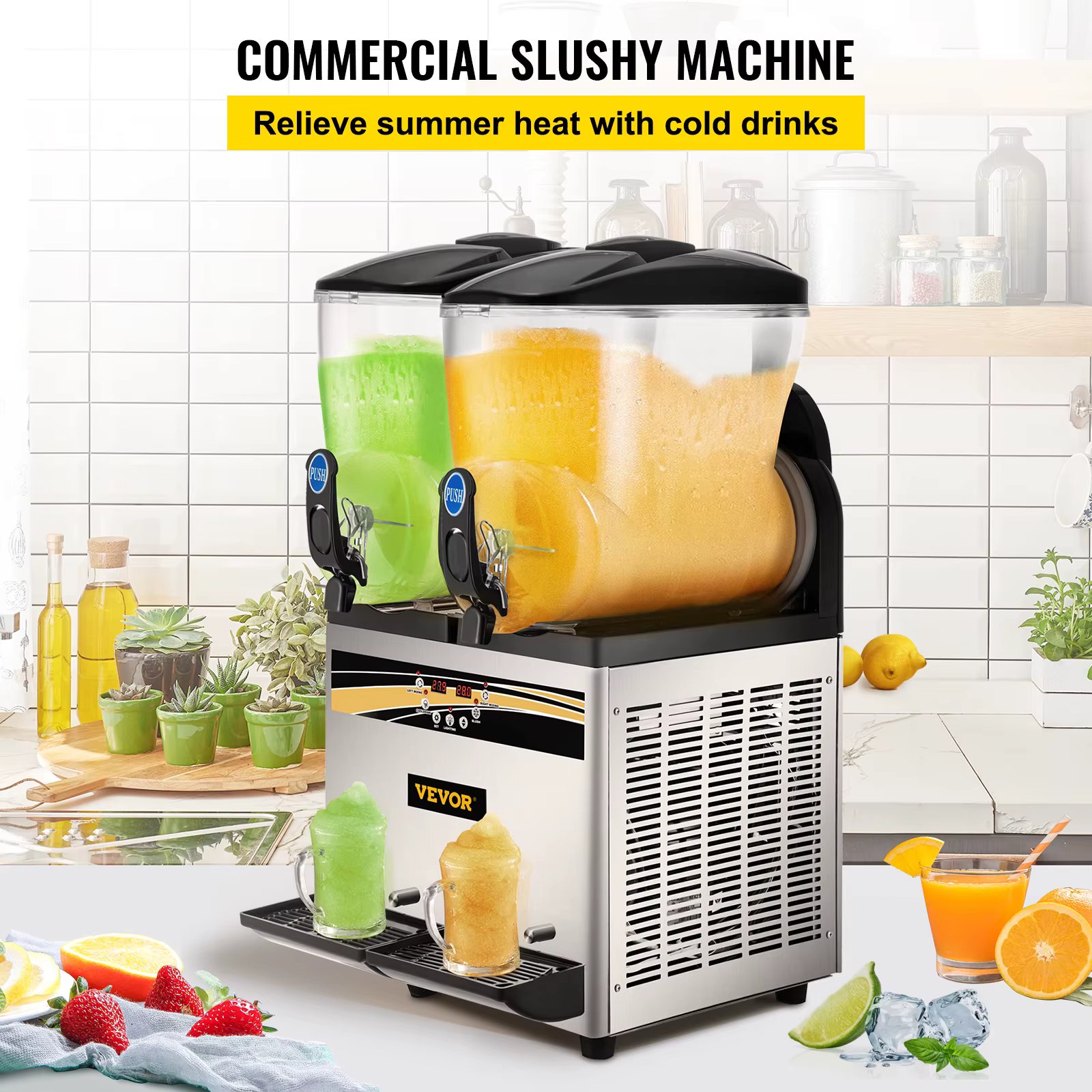 VEVOR Commercial Slushy Machine 15Lx2 Tank Margarita Maker 1000W Stainless Steel Smoothie Frozen Drink Maker for Supermarkets