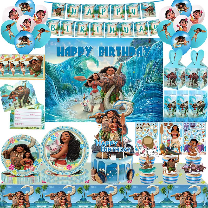 Moana Birthday Decoration Tableware Paper Cups Plates Balloon Banner Stickers New Moana Theme Children Party Decoration Supplies