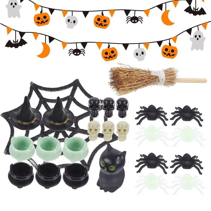 Mini Halloween Figurines Skulls Heads Figurine Mini Black Cat Decor Mini Reusable Halloween Horror Toy Miniatures Dollhouse