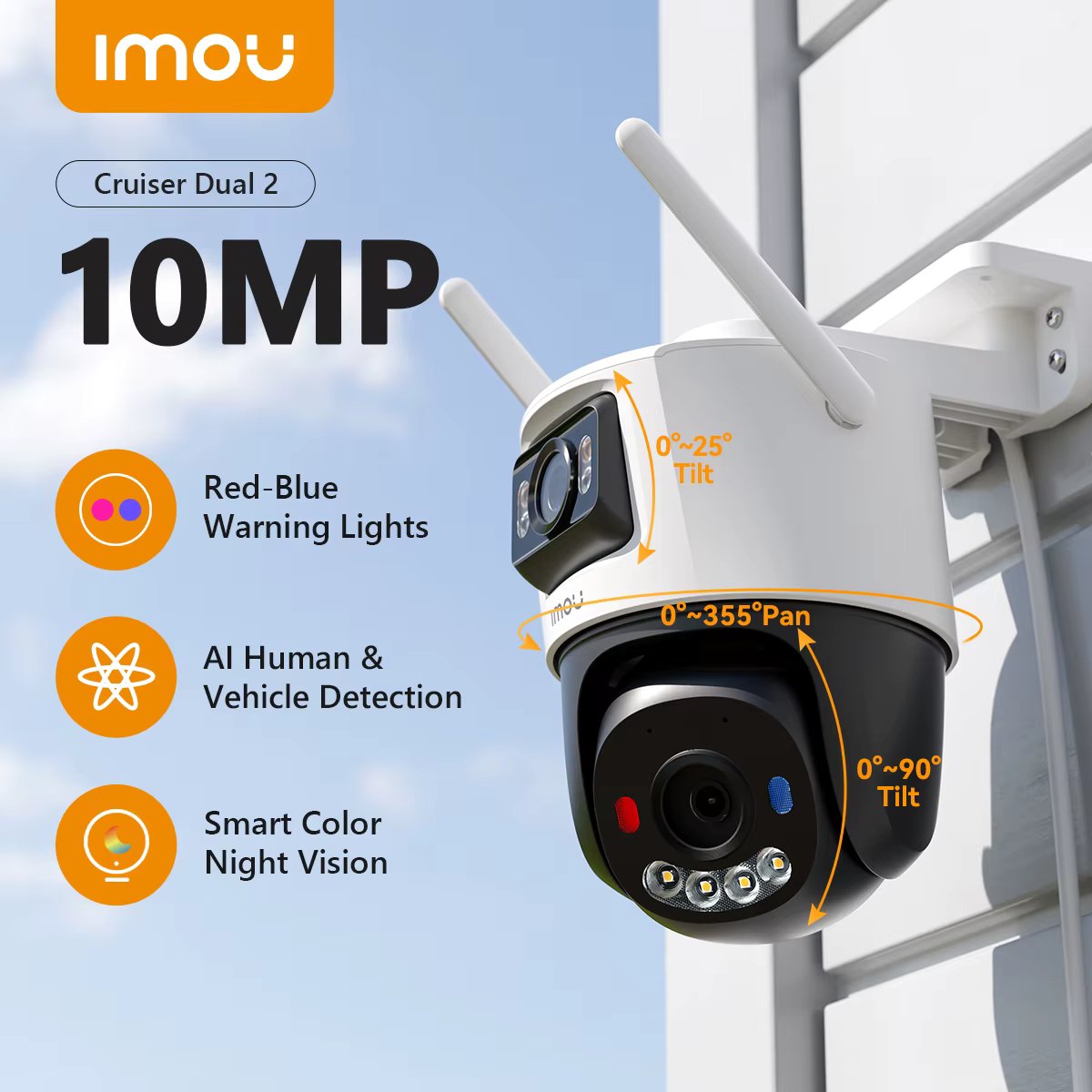 IMOU Cruiser Dual 2 6MP/8MP/10MP Outdoor Dual LensRed-Bule Warning Light  PTZ WiFi Camera Vehicle & Human Detection Surveillance