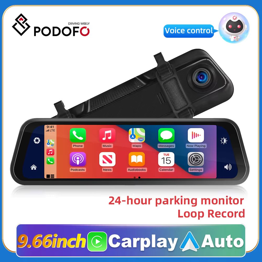 Podofo Car Dvr Mirror 9.66 Inch  IPS 2.5D Touch Screen Stream RearView Dash Cam Mirror Dual Car Camera Dashcam Drive Recorder