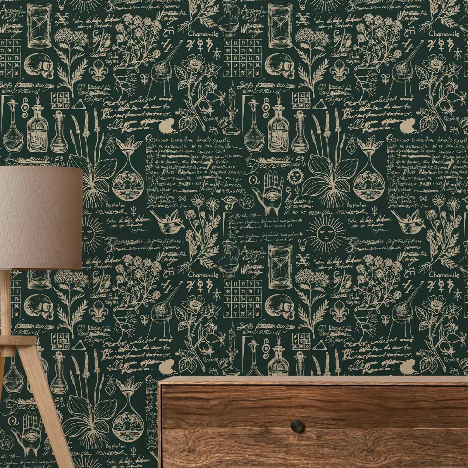 Green Medicine And Herbal Wallpaper - Beige Design Wallpaper Mural ,Retro Style Mural - Wall Art Decor Peel And Stick Wall Paper