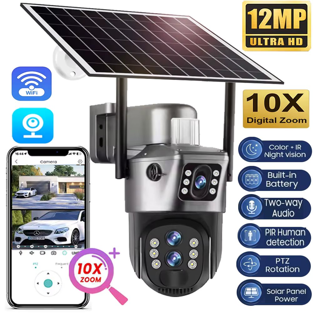 Three Lens 10x Zoom Solar Cameras WiFi Outdoor Surveillance 6K 12MP Wireless CCTV IP Camara 360 PTZ External Security Cam V380