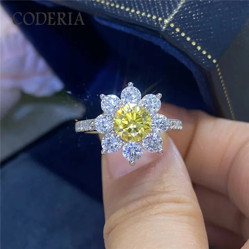 Lemon Yellow Color Moissanite 2.0CT Rings Fashion Sunflower Wedding Women Sterling Silver Ring Eternal Jewelry 18K Gold Band