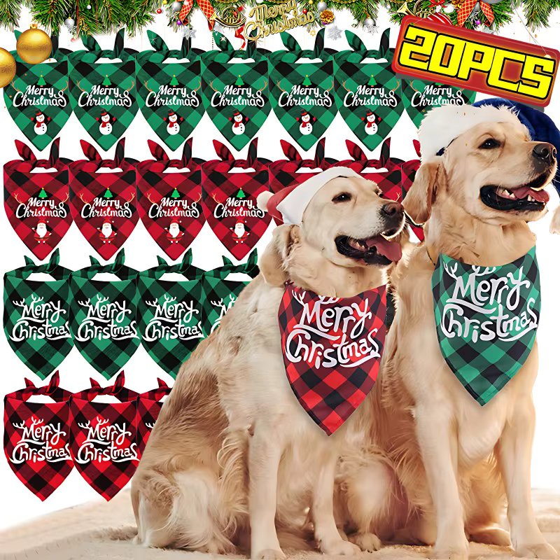 20/1pc Christmas Dog Bandana Santa Claus Printed Plaid Dog Bib Collar Adjustable Birthday Party Cats Triangle Scarves Pet Supply
