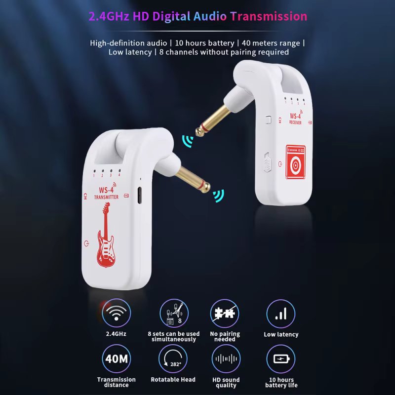 2.4G Wireless Guitar System Rechargeable Guitar Transmitter Receiver Plug Play Real-time Transmission for Electric Guitar Bass