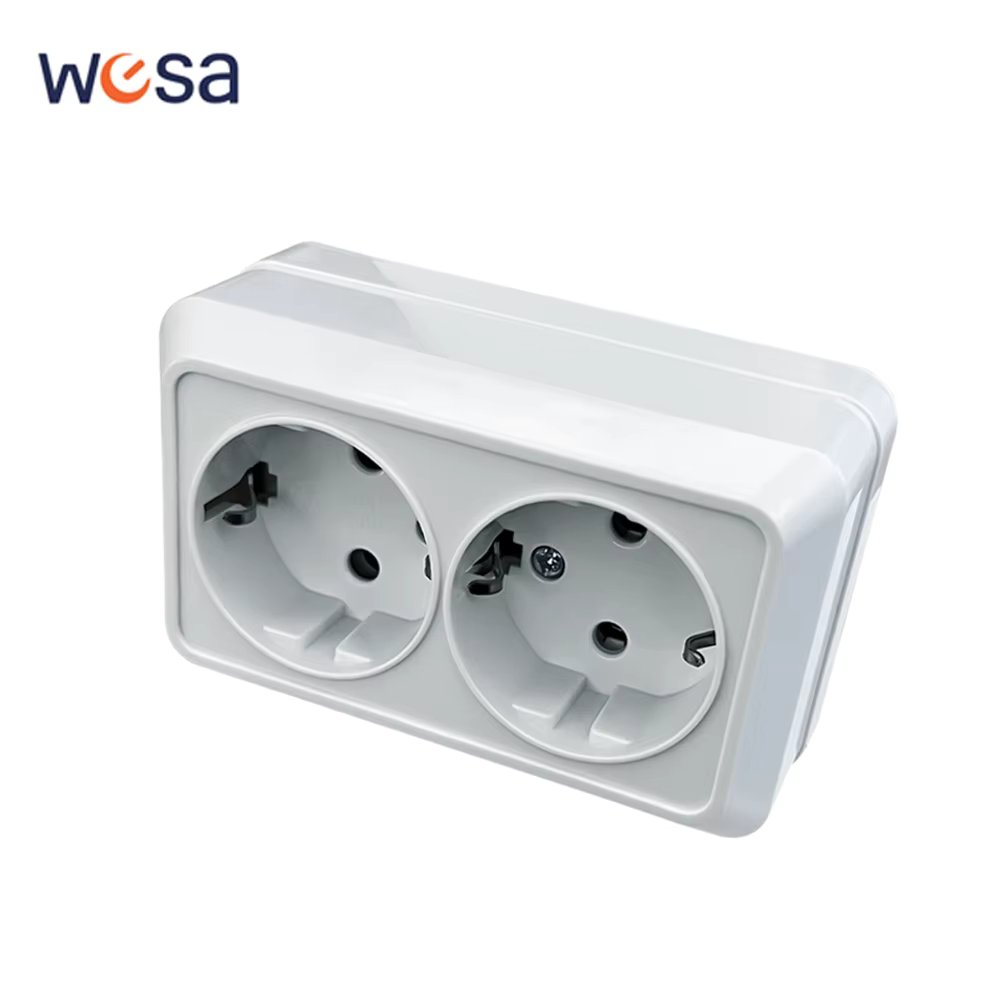 WESA White Wall Surface 2 Sockets Plugs EU Exterior Electrical Outlets With Ground Power Socket Flame Retardant Paint Plastic