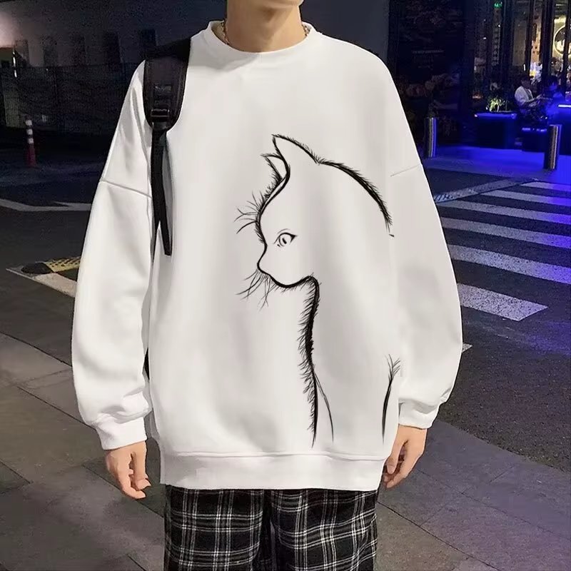 Trend face 100% man-to-man long-sleeved men's spring and autumn loose big size round print T-shirt TS2983