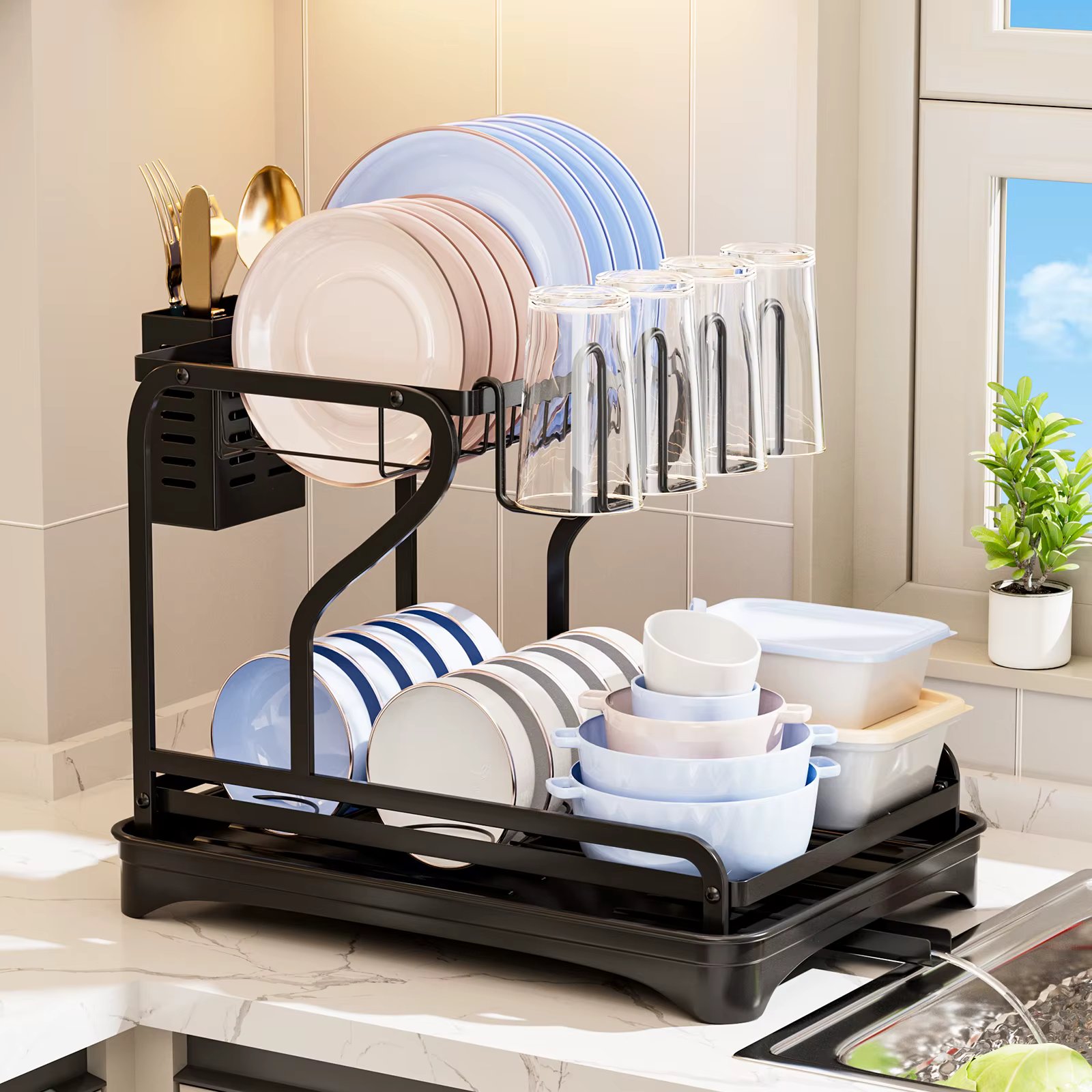 1PC,Dish Drying Rack -  Dish Rack For Kitchen Counter, 2-Tier Kitchen Organizers And Storage Rack With Drainboard And Cutlery Ho