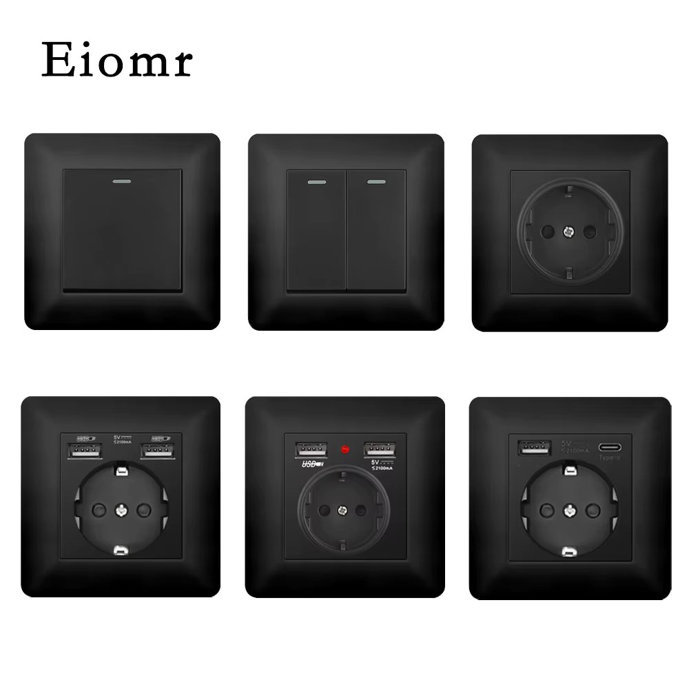 Eiomr EU Standard Wall Switch Socket, Household Charging Port, 16A 110V~250V, Black Curved Panel Usb Type-C Electrical Sockets