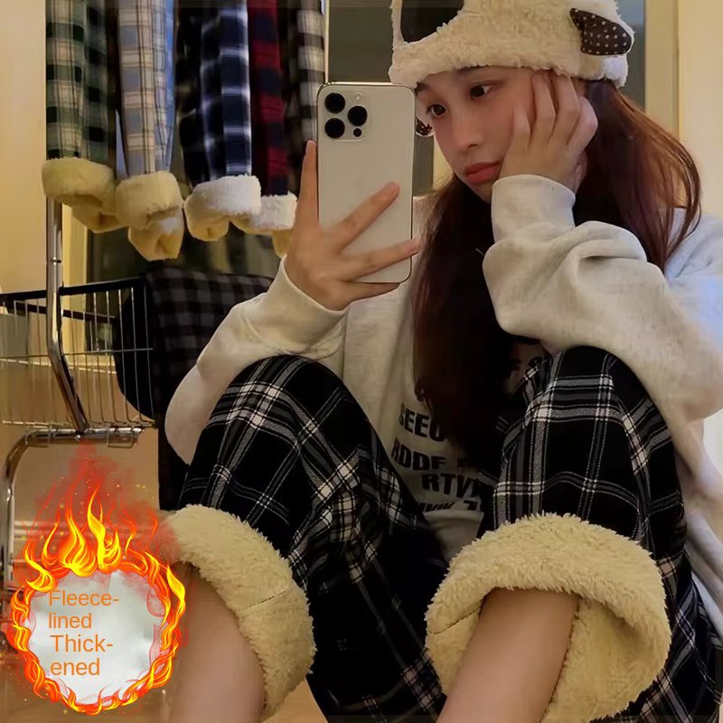 Fashion Warm Plush Pants Cashmere Thick Plaid Ladies Winter Casual Loose Wide-legged Pants Korean Streetwear Students