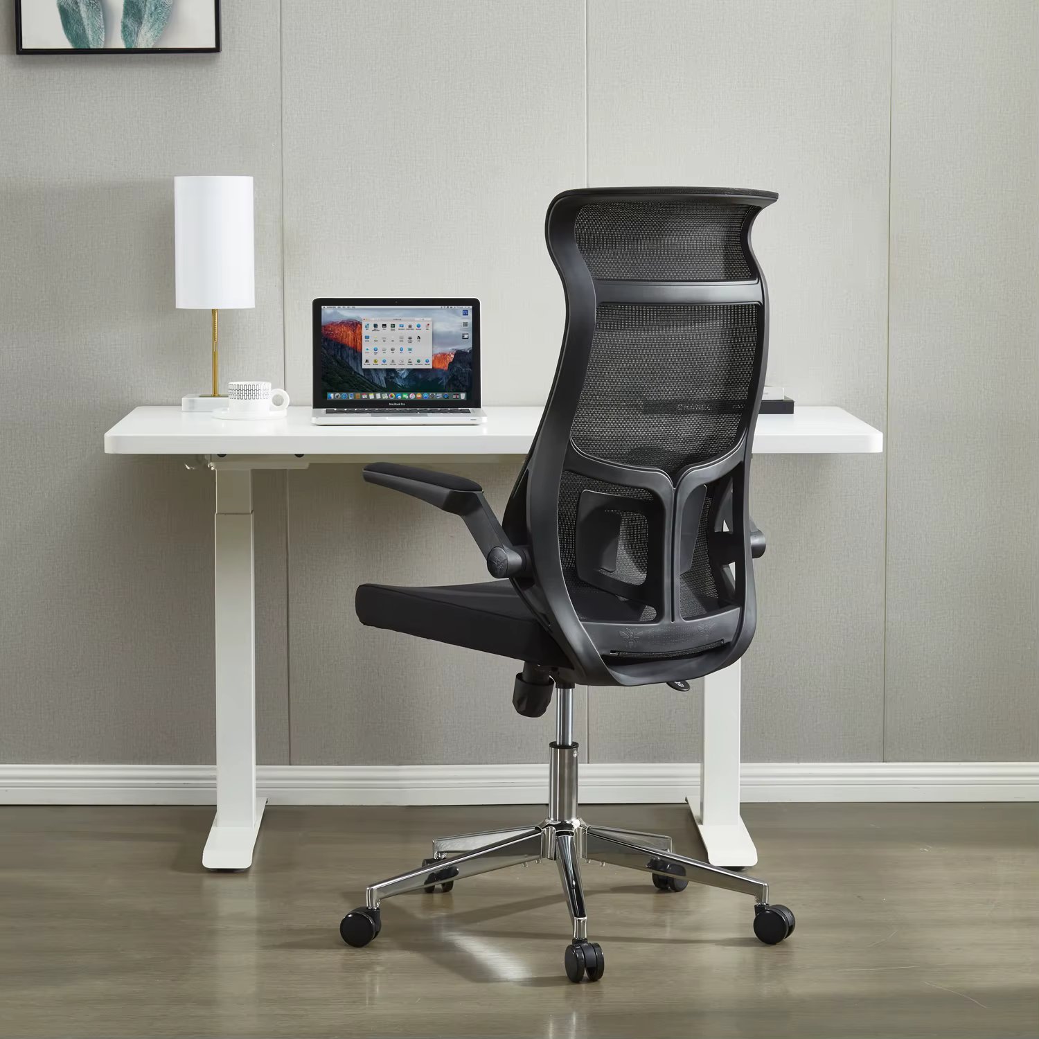 Ergonomic Office Chair, Fixed Headrest with Flip Up Arm, Adjustable Lumbar Support and PU Wheels Swivel Tilt Function Black