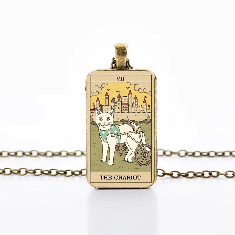 Cute Cat Tarot Card Necklace Vintage Antique Gold Plated Rectangle Glass Pendant Necklace Animal Divination Jewelry