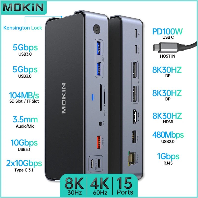 MOKiN 15 in 1 Docking Station for MacBook Air/Pro, iPad, Thunderbolt Laptop, Dual Channels 4K60HZ, USB3.1, HDMI 8K30Hz, PD 100W