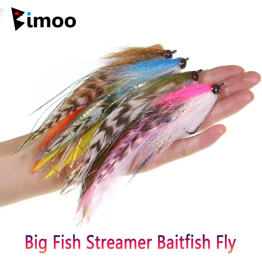 Bimoo #2/0 15cm/5.91inch Big Streamer Baitfish Fly Flash Grizzly Saddle Hackle Bait Trout Pike Musky Bass Saltwater Fishing Lure
