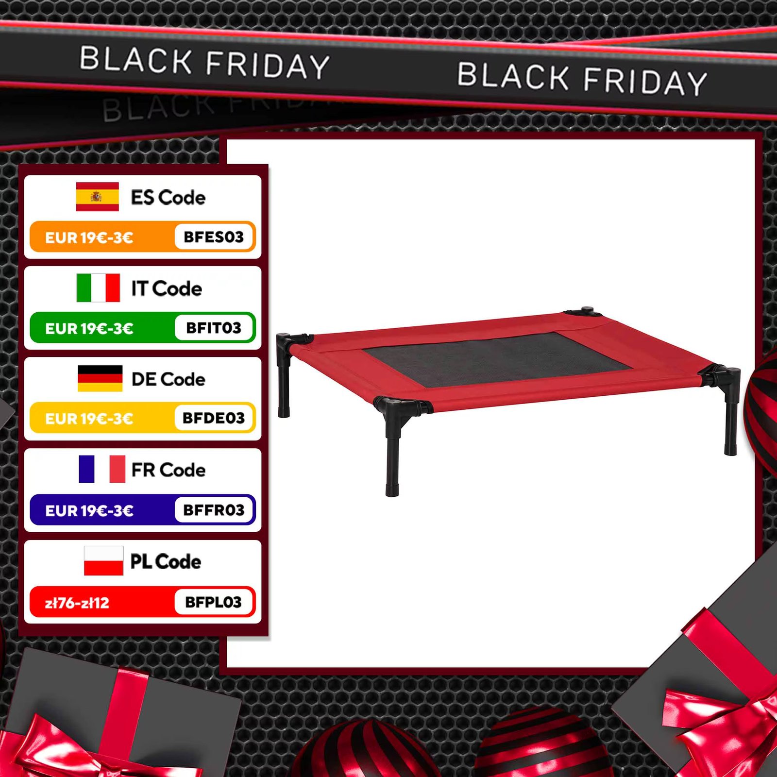 PawHut Cama Mascota para Perros Gatos Camas para Domir Relajar Exterior Terraza Jardin Malla de Ventilacion 76 x 61 x 18cm