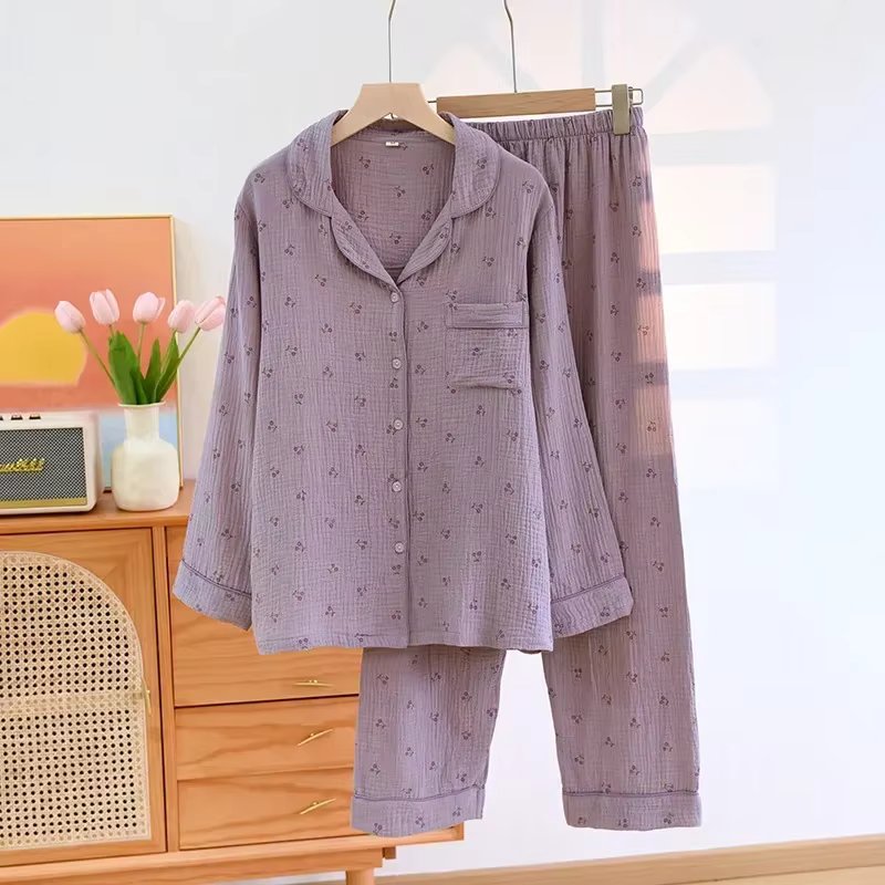 100% Cotton Gauze Women Pajamas Sleepwear Female 2 Piece Set Ink Painting Printing Nightwear Pyjamas Home Clothes Loungewear