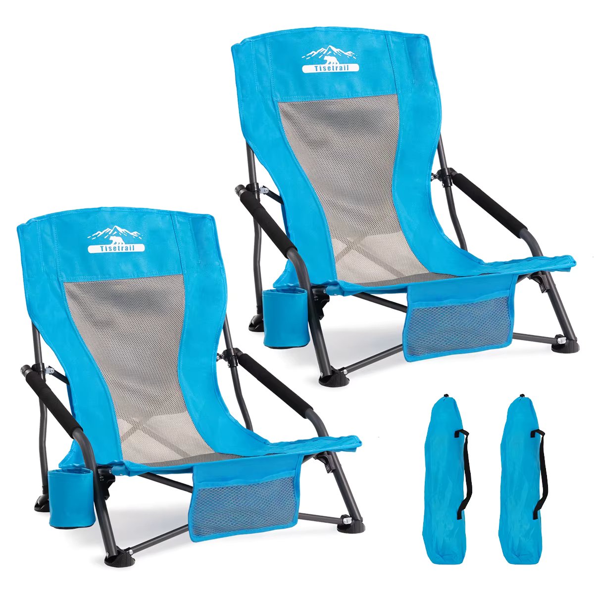 Tisetrail 2-Pack Portable Beach Chair for Adults Low Back Sling Chair with Cup Holder Folding Mesh Sand Chair Lightweight