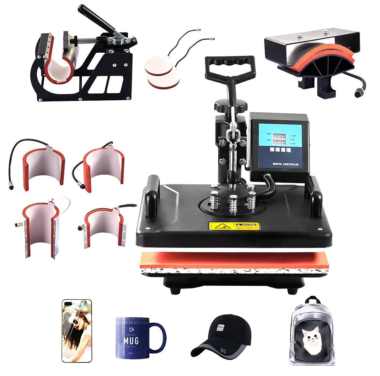 Cheap 30*38CM 8 in 1 Combo Heat Press Machine Sublimation Printer 2D Heat Transfer Machine for Cap Mug Plate Tshirts CE Approved