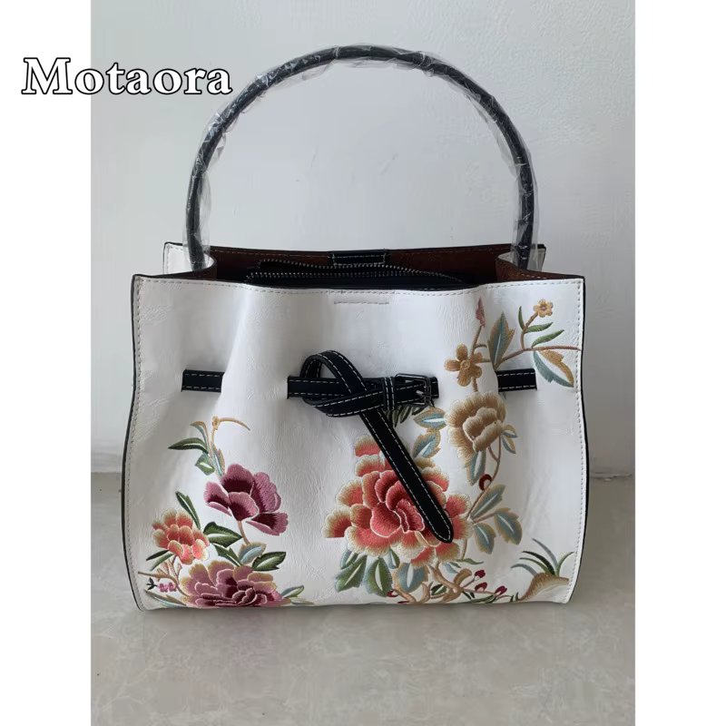 MOTAORA New Vintage Big Capacity Shoulder Bag Women Chinese Style Embroidery Handbag Luxury Leather Bucket Crossbody Bags Ladies