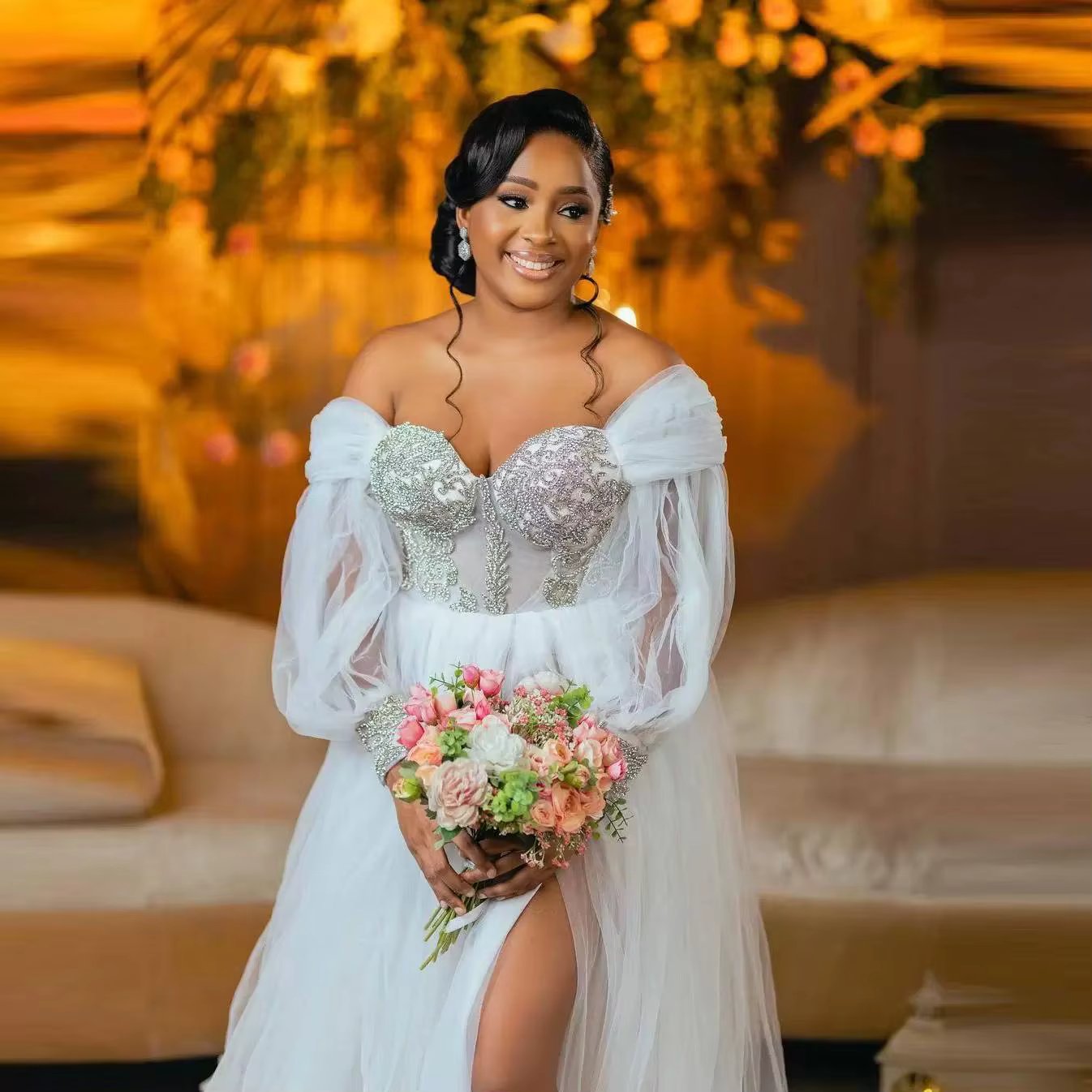 Rhinestone White Bride Robes for Wedding Off Shoulder Long Sleeves Side Split A Line Tulle Africa Bridal Shower Dress Customized