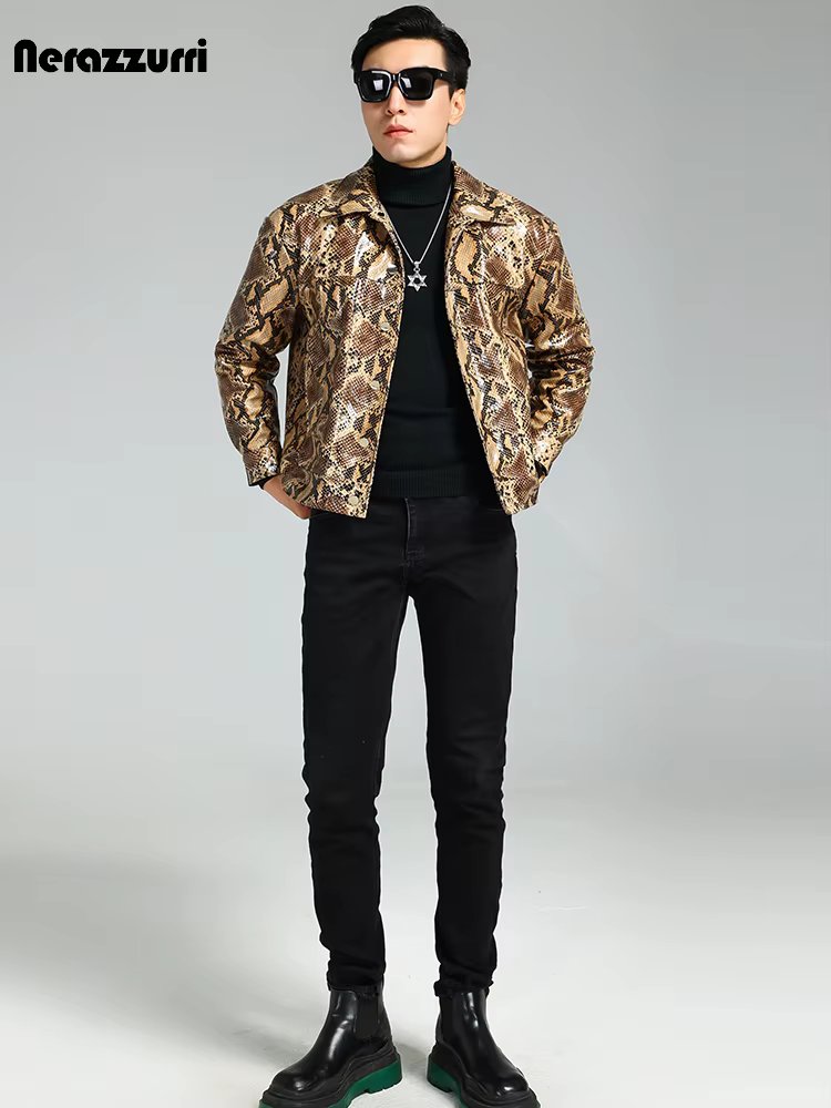 Nerazzurri Autumn Short Handsome Cool Colorful Snakeskin Print Pu Leather Jacket Men Luxury European Style Clothes 2023 EU Size