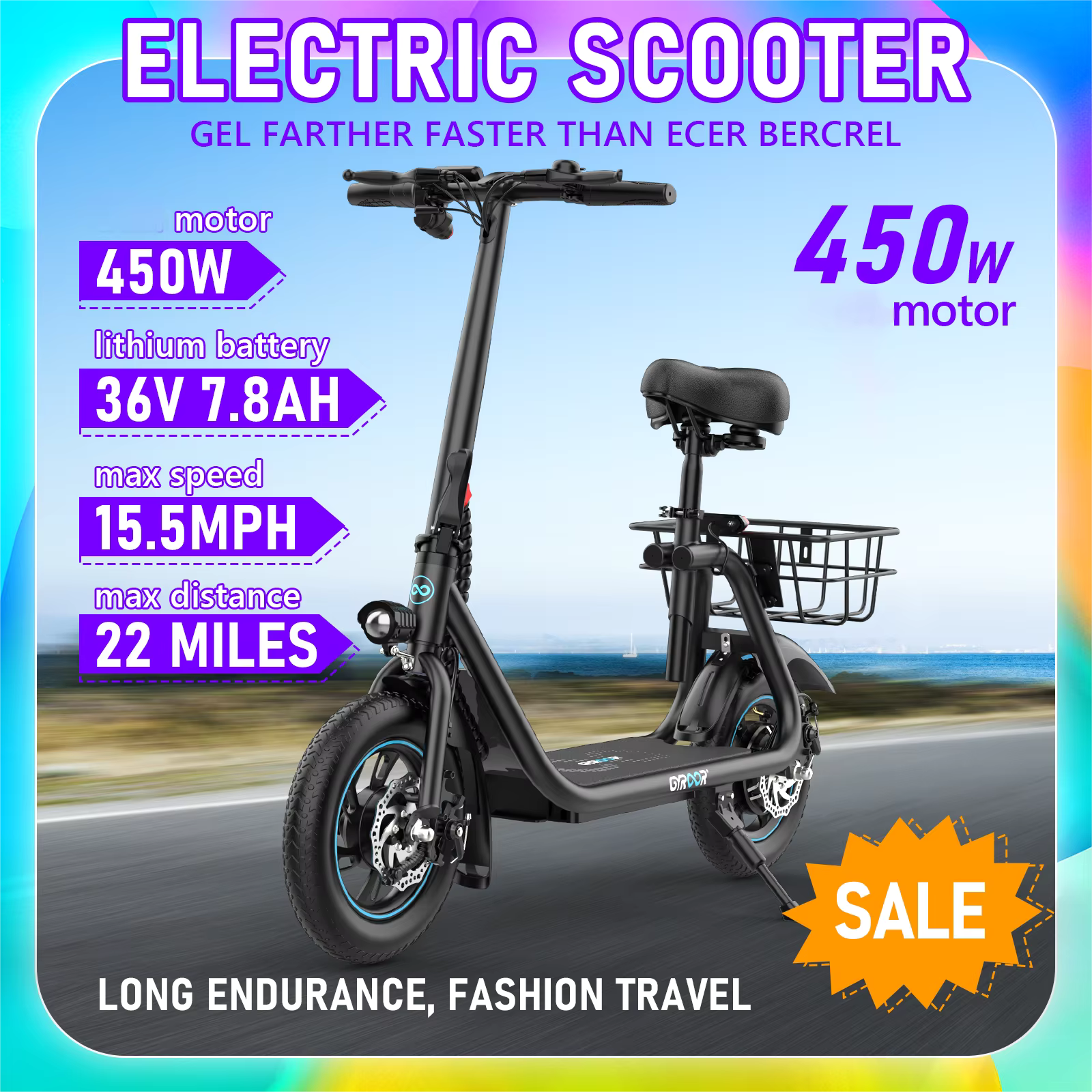 Gyroor 450W Electric Scooter with Seat for Adult, 12 inch Commuter Electric Scooter with Basket - up to 21 Miles 15.5MPH
