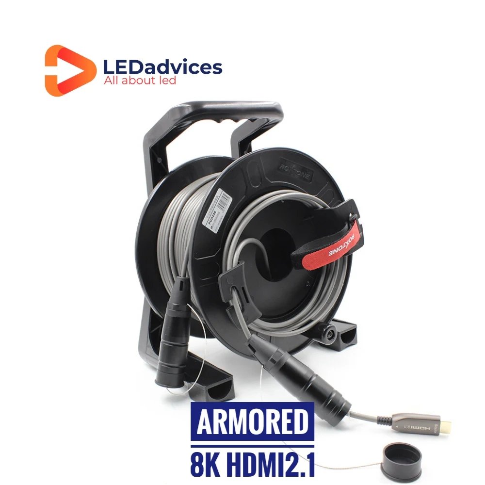 50M Armored Fiber Optic HDMI2.1 AOC Cable 48Gbps 8K HDMI HDR 10 Gigabit For Event LED Display Screen With Roxtone Reel & Cap