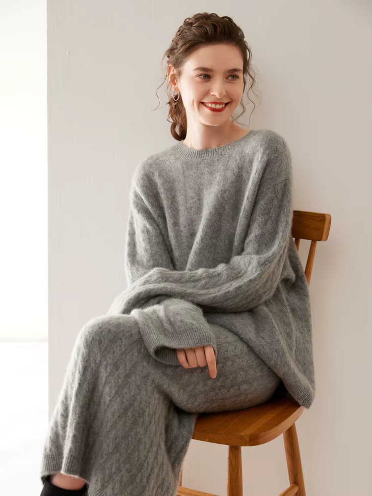 Women 100% Cashmere Sweater Skirt Set Cable Knitting O-neck Pullover Cashmere Knitted Skirt Autumn Winter Grace Style Luxury