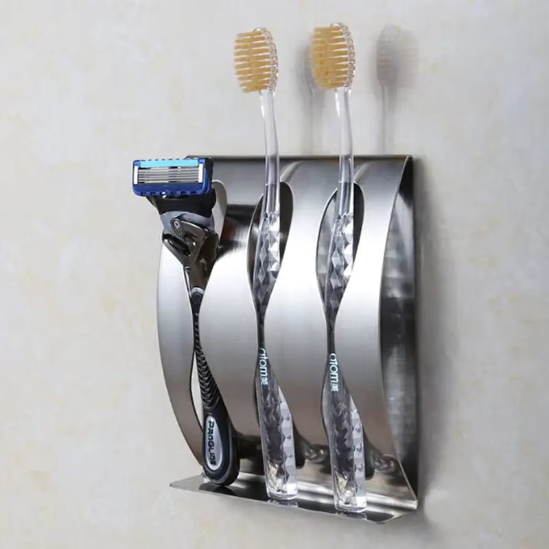 Stainless Steel Wall-mounted Toothbrush Holder 3/2 Hooks, Self-Adhesive Toothbrush Toothbrush Crate, Bathroom Accessories