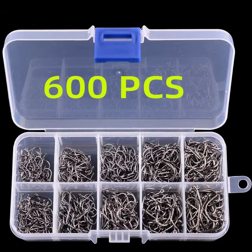 600pcs Fishing Hooks Set High Carbon Steel Sharp Durable Barbed Fishhook Rock Fishing Equipment Gear Tackle Accessories with box
