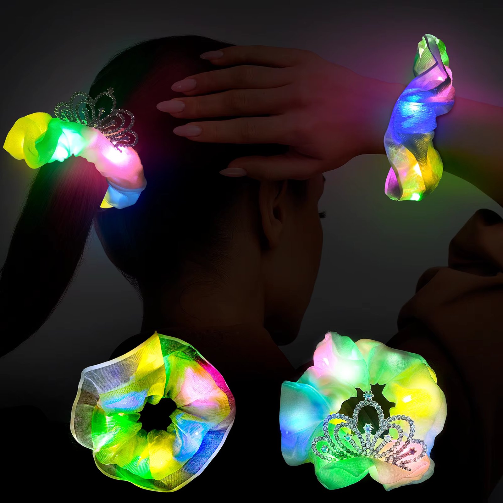 Light Up Scrunchies with Crown, 2 Pcs Glow Scrunchies Set - Glow in The Dark Scrunchies, Led Light Up Hair Scrunchies