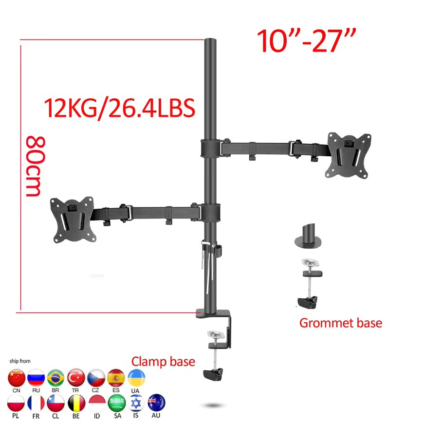(80cm) DL-T902-280II long arm tilt swivel  10"-27" double Monitor desktop stand Holder clamp grommet hole base PC Mount  12kg