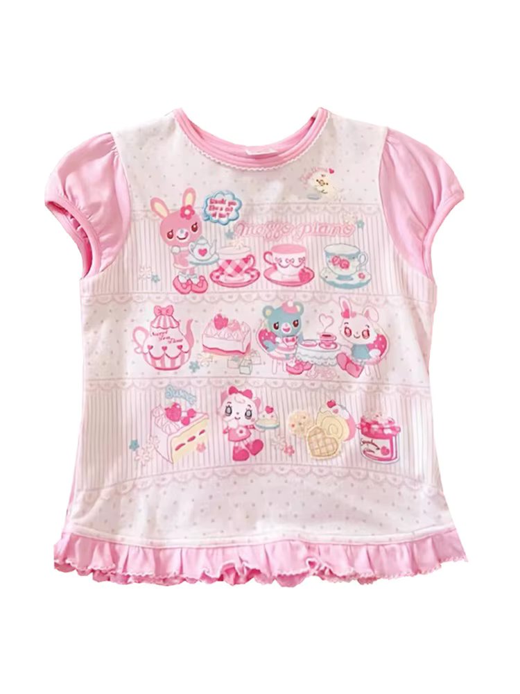 Japanese Girl Woman Clothing Cute Printed Short T-shirts Female Summer Colorful Short Tops Kawaii Pulover Youthful y2k Clothes