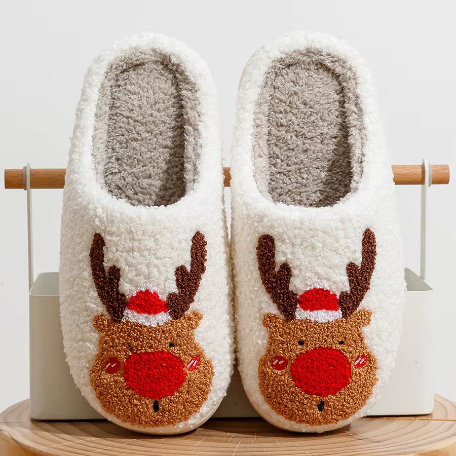 Cute Elk Christmas Slippers Winter Warm Soft TPR Thicken Sole Women Men Houseshoes Cushion Slides