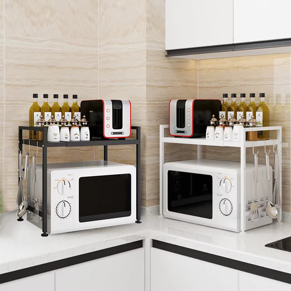 Double Layer Storage Microwave Oven Shelf Adjustable Stainless 2-Tier Storage Rack Black and White Portable Storage Shelf