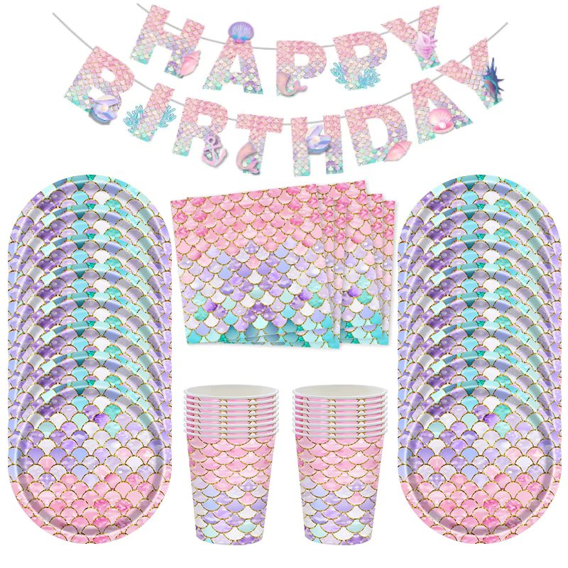 Mermaid Disposable Tableware Set Paper Plate Cup Napkin Tablecloth Kids Girls Little Mermaid Birthday Party Decoration Supplies