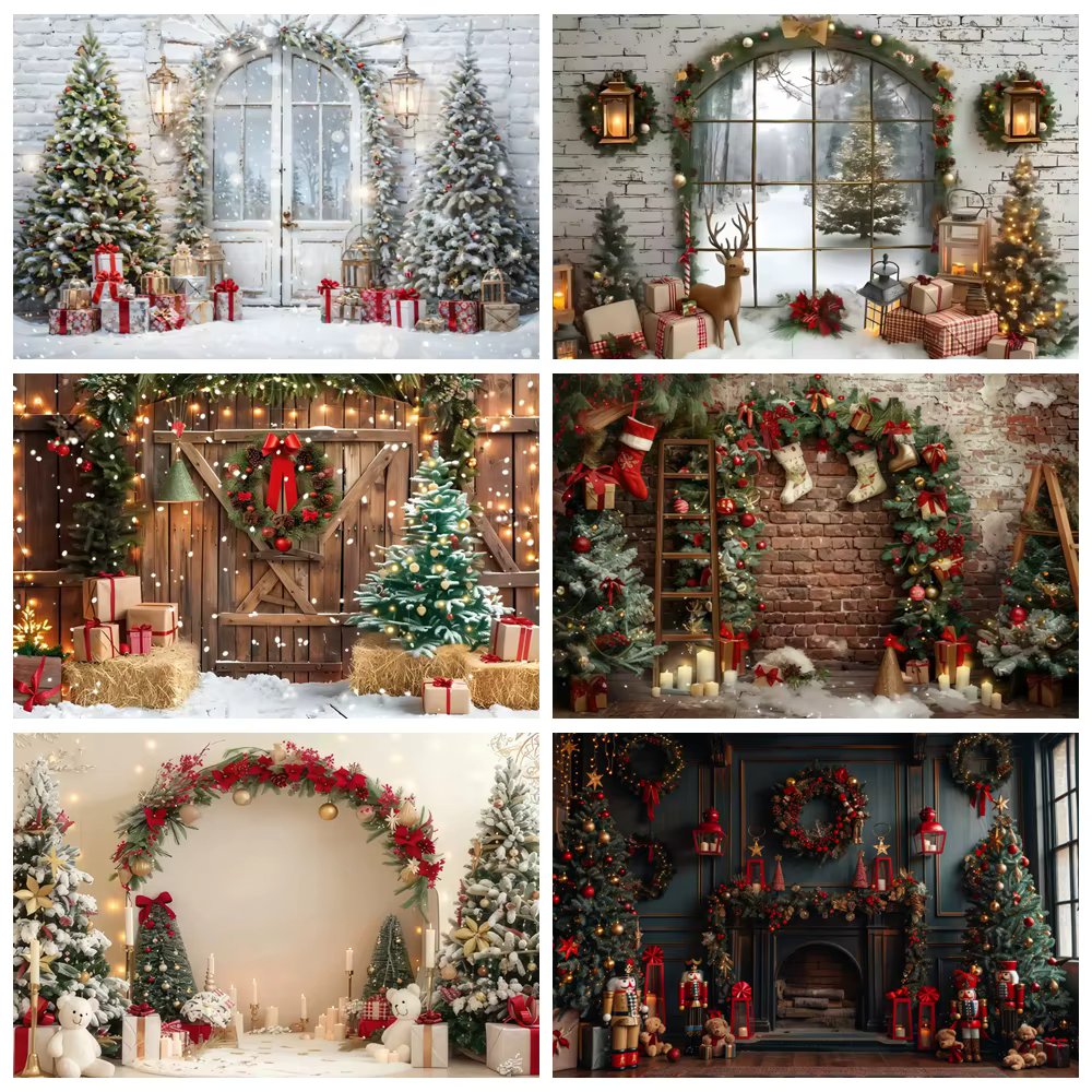 Christmas Photography Backdrop Xmas Tree Fireplace Gift Winter Window Family Kids Party Christmas Decoration Photo Background