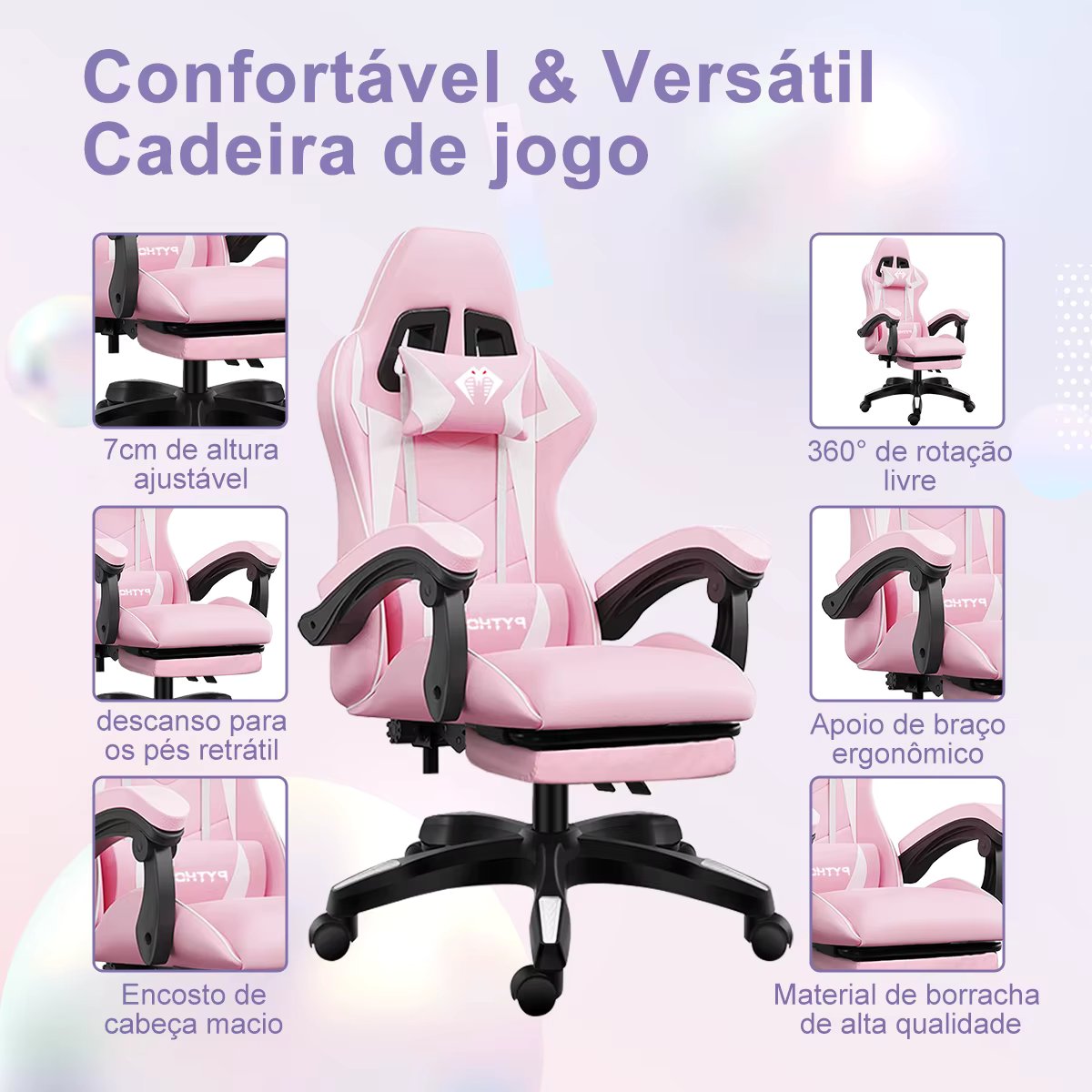 High-end Gaming Chair, Ergonomic, Height Adjustable, Flat, Foot Support, (Pink)