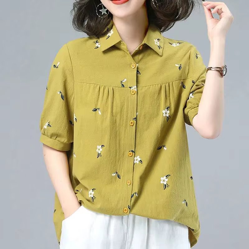 Fashion Printed Lapel Button Folds Floral Shirt Women's Clothing 2023 Summer New Oversized Casual Tops Loose Short Sleeve Blouse