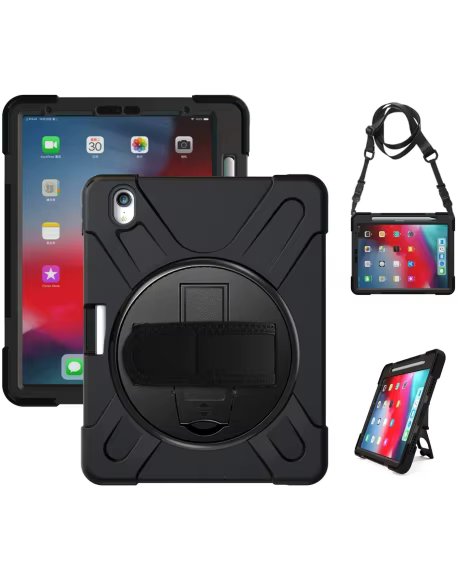 Anti-fall case Compatible with 11 inch iPad Pro 2018 A1980/A2013/A1934/A1979 rotating stand, hand strap/shoulder Black