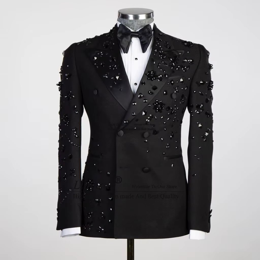 Customized Metal Embellished Men Suits Notched Lapel Groom Tuxedos Wedding Prom Blazers Pants Outfit Terno Masculino Completo